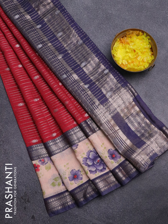 Assam silk saree red and blue with allover zari strips and rettapet zari woven floral printed border