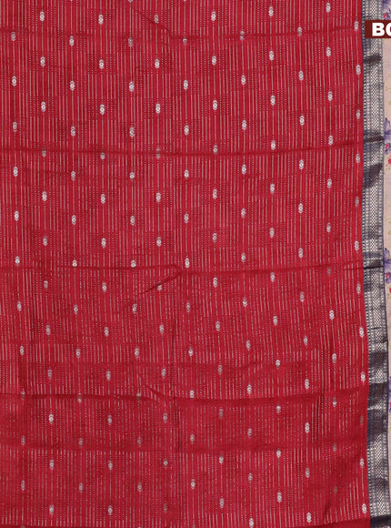 Assam silk saree red and blue with allover zari strips and rettapet zari woven floral printed border