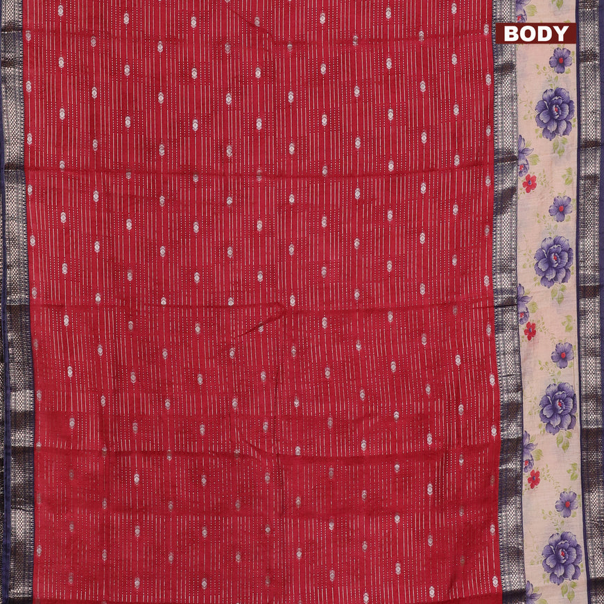 Assam silk saree red and blue with allover zari strips and rettapet zari woven floral printed border