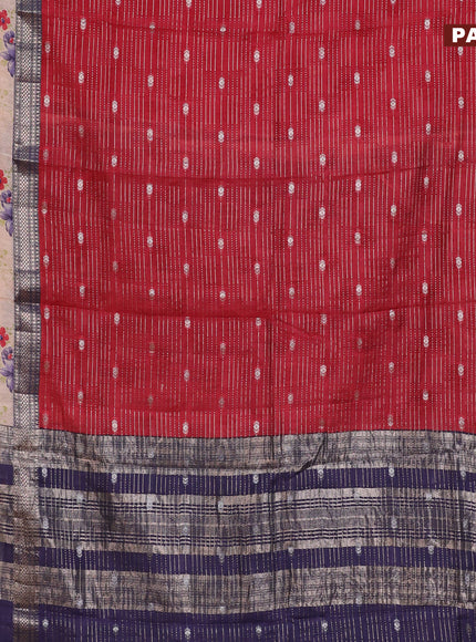 Assam silk saree red and blue with allover zari strips and rettapet zari woven floral printed border