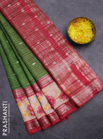 Assam silk saree green and red shade with allover zari strips and rettapet zari woven floral printed border