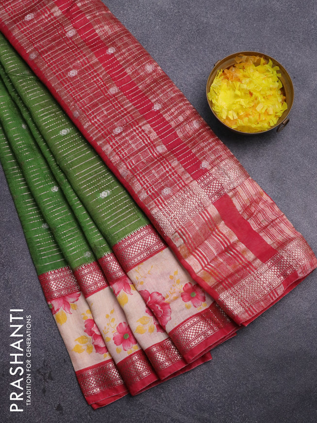 Assam silk saree green and red shade with allover zari strips and rettapet zari woven floral printed border