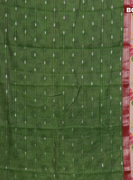 Assam silk saree green and red shade with allover zari strips and rettapet zari woven floral printed border