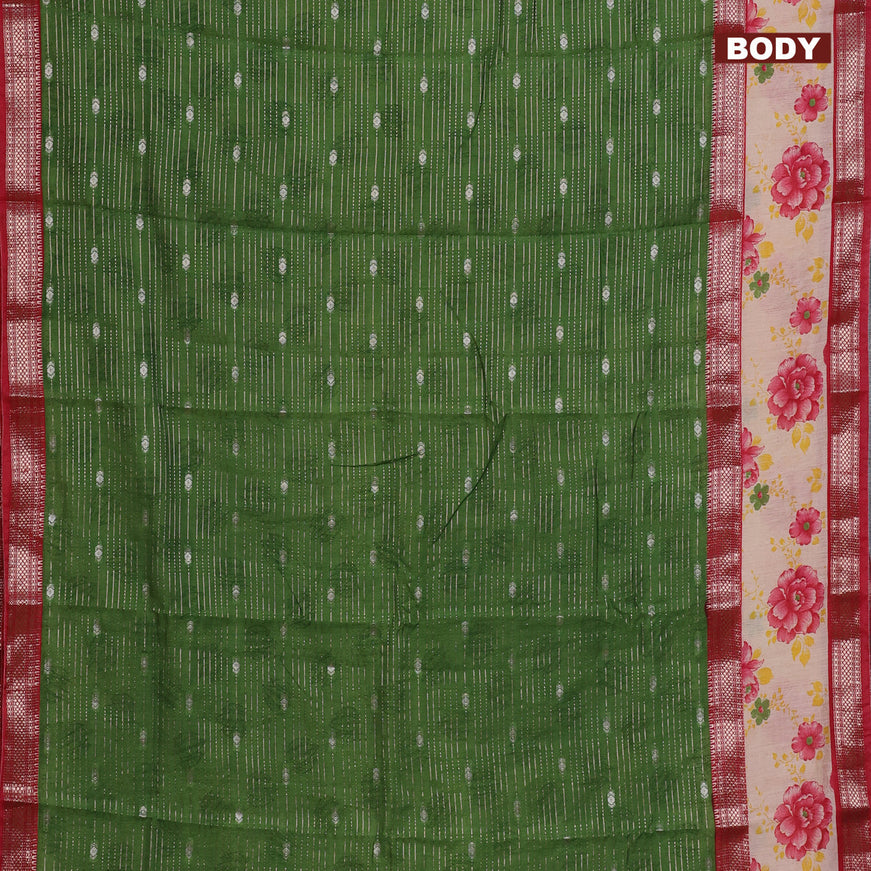 Assam silk saree green and red shade with allover zari strips and rettapet zari woven floral printed border