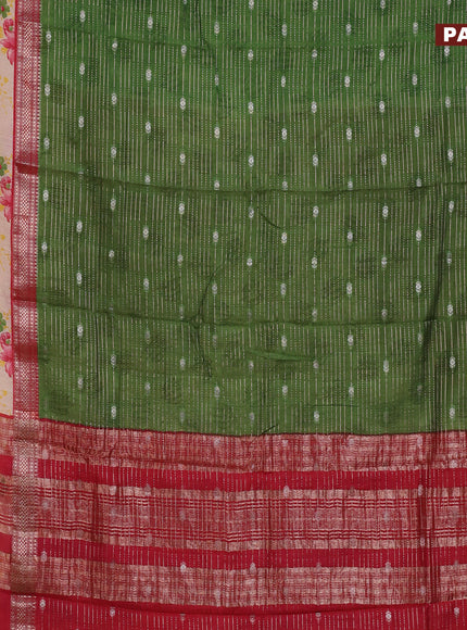 Assam silk saree green and red shade with allover zari strips and rettapet zari woven floral printed border