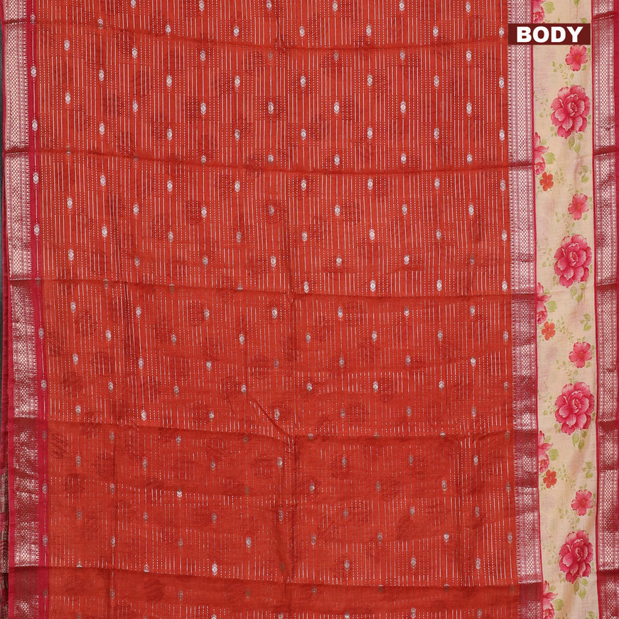 Assam silk saree orange and red shade with allover zari strips and rettapet zari woven floral printed border