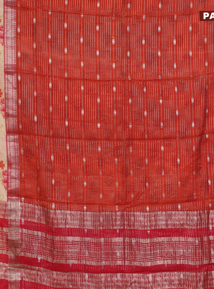 Assam silk saree orange and red shade with allover zari strips and rettapet zari woven floral printed border