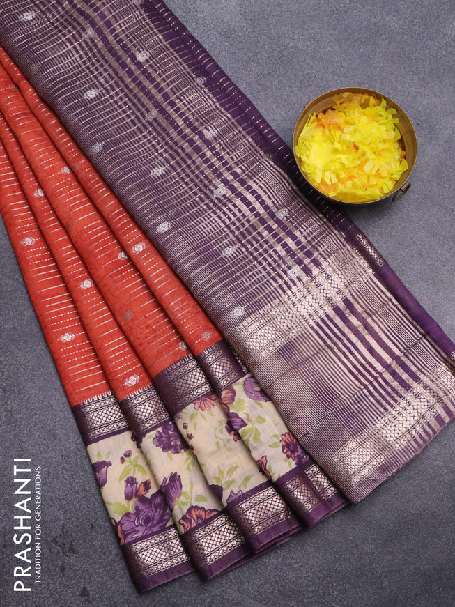 Assam silk saree orange and deep jamun shade with allover zari weaves and rettapet zari woven floral printed border