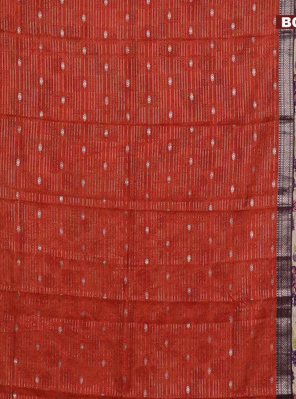 Assam silk saree orange and deep jamun shade with allover zari weaves and rettapet zari woven floral printed border