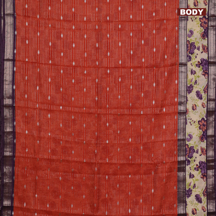 Assam silk saree orange and deep jamun shade with allover zari weaves and rettapet zari woven floral printed border