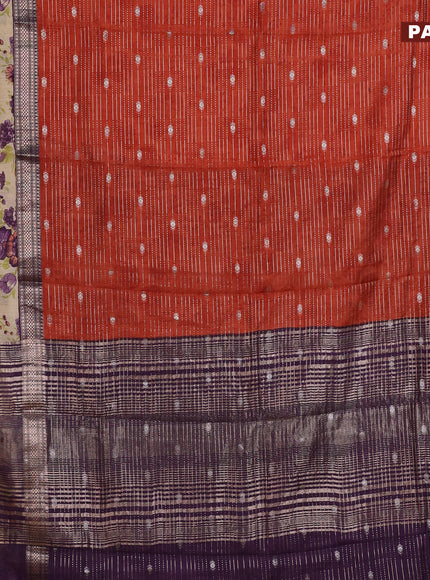 Assam silk saree orange and deep jamun shade with allover zari weaves and rettapet zari woven floral printed border