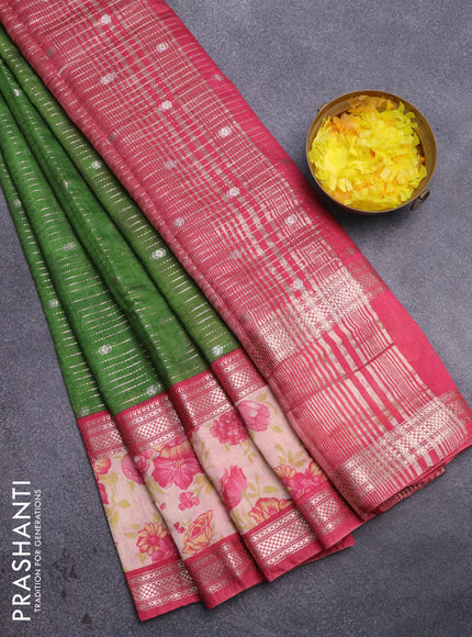 Assam silk saree green and pink with allover zari weaves and rettapet zari woven floral printed border