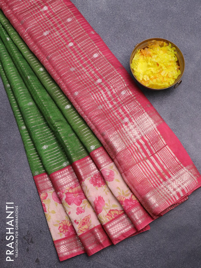 Assam silk saree green and pink with allover zari weaves and rettapet zari woven floral printed border