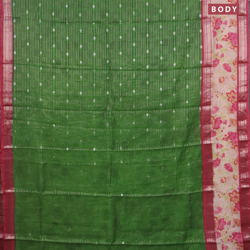 Assam silk saree green and pink with allover zari weaves and rettapet zari woven floral printed border