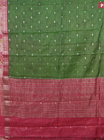 Assam silk saree green and pink with allover zari weaves and rettapet zari woven floral printed border