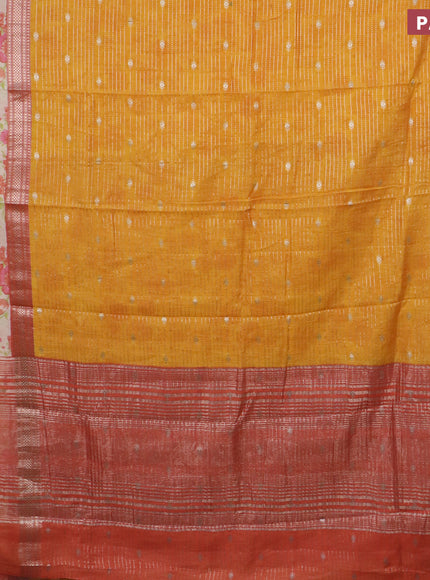 Assam silk saree mango yellow and orange with allover zari weaves and rettapet zari woven floral printed border