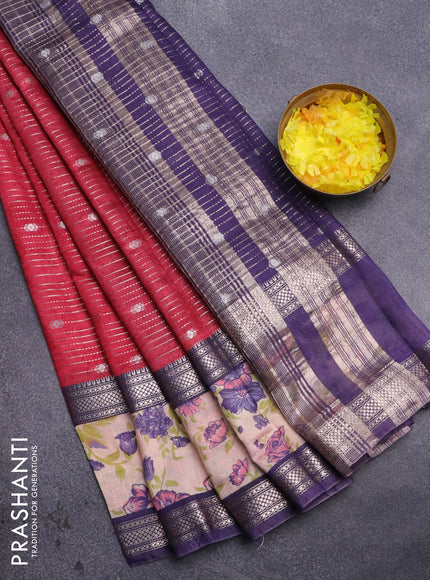 Assam silk saree maroon and blue with allover zari weaves and rettapet zari woven floral printed border