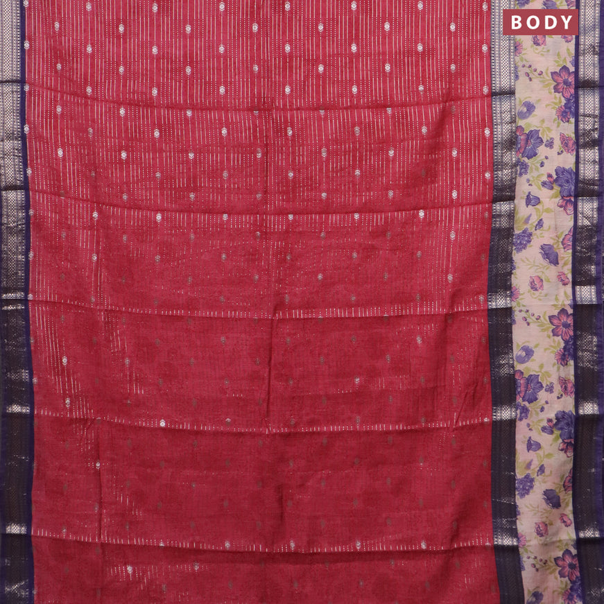 Assam silk saree maroon and blue with allover zari weaves and rettapet zari woven floral printed border