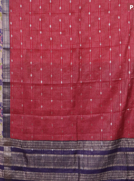 Assam silk saree maroon and blue with allover zari weaves and rettapet zari woven floral printed border