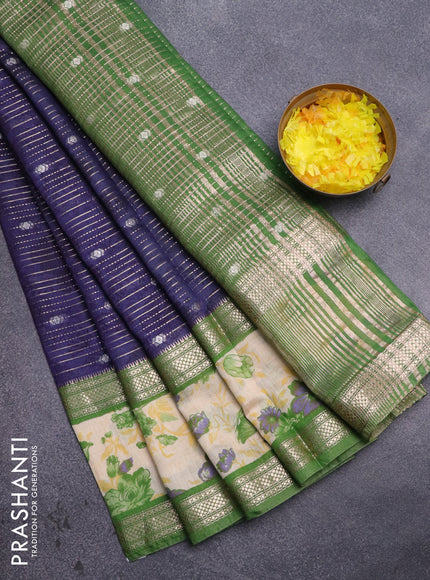 Assam silk saree dark blue and green with allover zari weaves and rettapet zari woven floral printed border