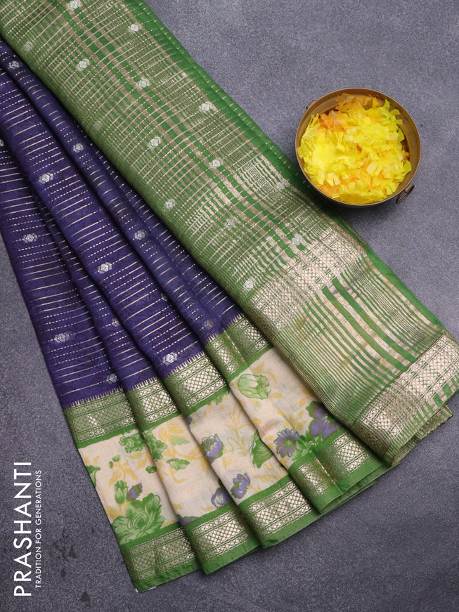 Assam silk saree dark blue and green with allover zari weaves and rettapet zari woven floral printed border