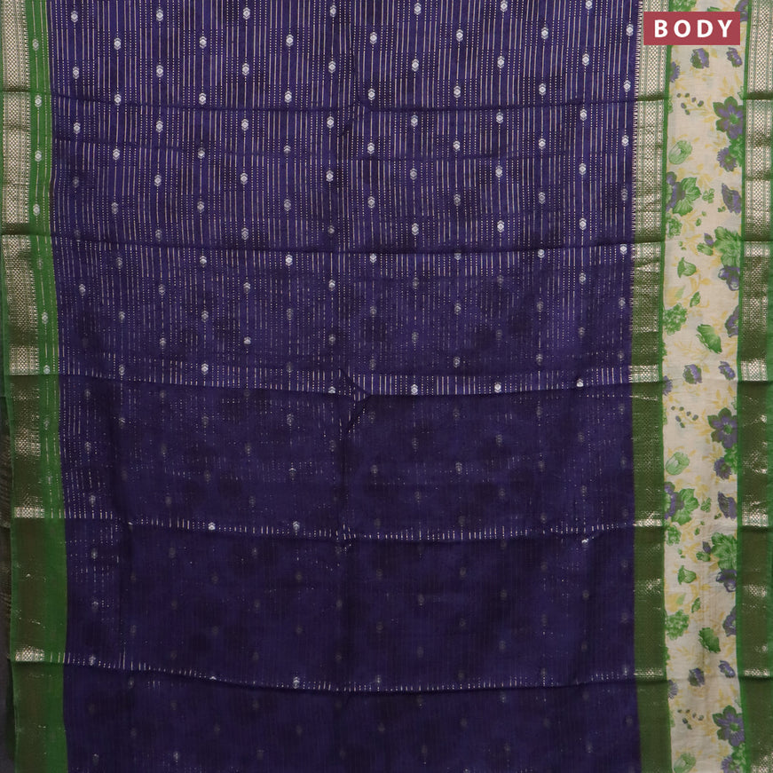 Assam silk saree dark blue and green with allover zari weaves and rettapet zari woven floral printed border