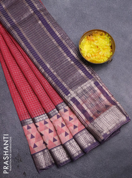 Assam silk saree pink and blue with allover zari checked pattern and rettapet zari woven geometric printed border