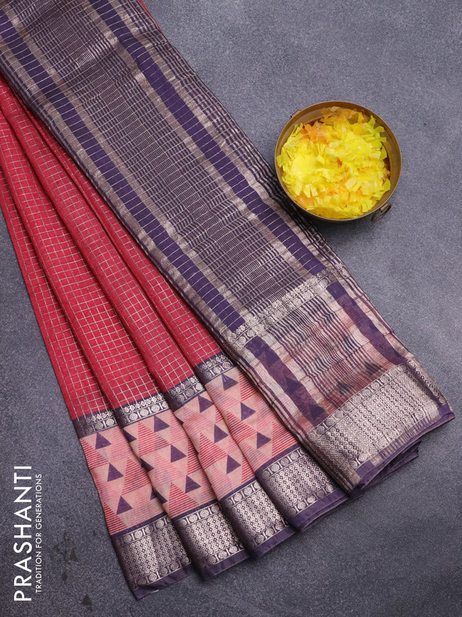 Assam silk saree pink and blue with allover zari checked pattern and rettapet zari woven geometric printed border