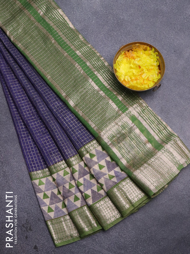 Assam silk saree blue and green with allover zari checked pattern and rettapet zari woven geometric printed border