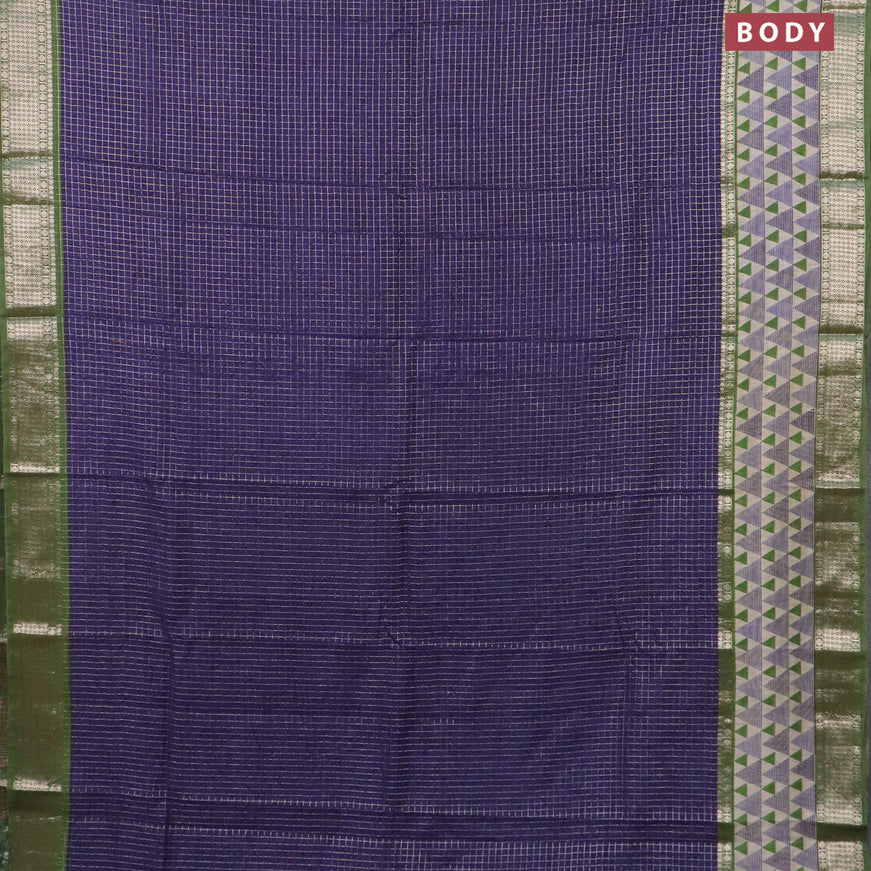 Assam silk saree blue and green with allover zari checked pattern and rettapet zari woven geometric printed border