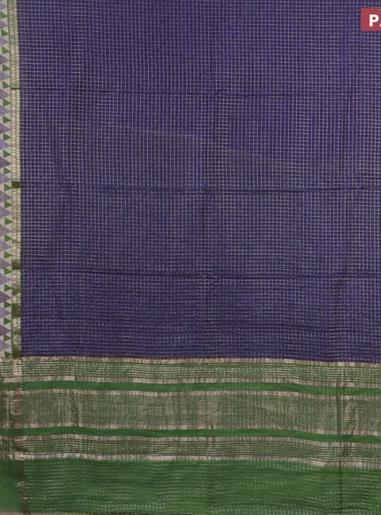 Assam silk saree blue and green with allover zari checked pattern and rettapet zari woven geometric printed border