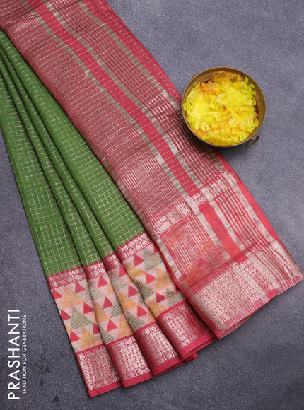 Assam silk saree green and pink with allover zari checked pattern and rettapet zari woven geometric printed border