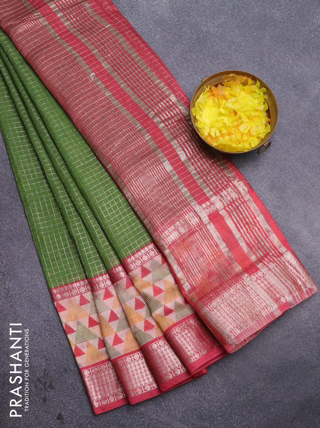 Assam silk saree green and pink with allover zari checked pattern and rettapet zari woven geometric printed border