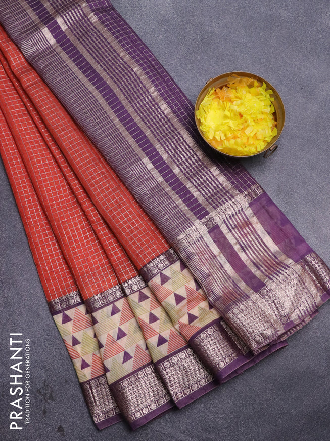 Assam silk saree oarnge and violet shade with allover zari checked pattern and rettapet zari woven geometric printed border