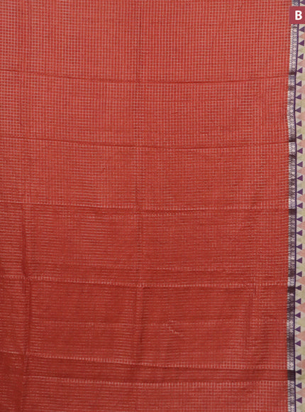 Assam silk saree oarnge and violet shade with allover zari checked pattern and rettapet zari woven geometric printed border