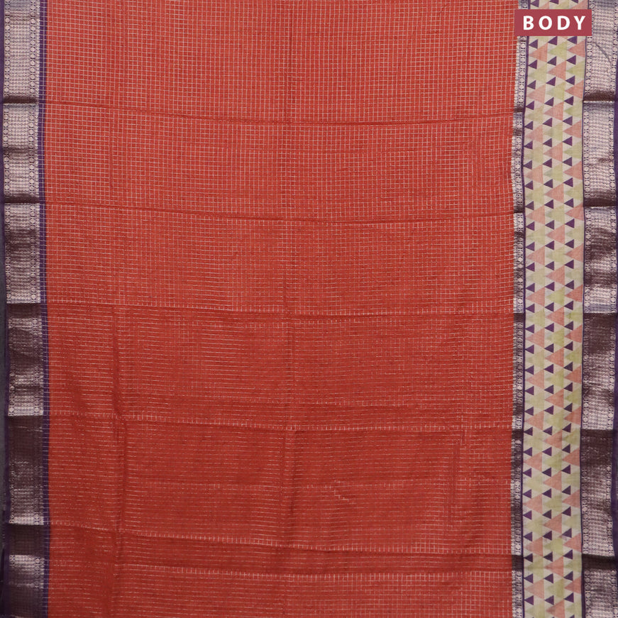 Assam silk saree oarnge and violet shade with allover zari checked pattern and rettapet zari woven geometric printed border