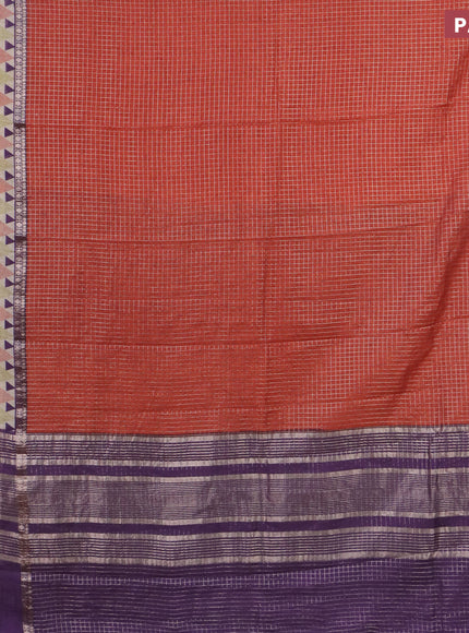 Assam silk saree oarnge and violet shade with allover zari checked pattern and rettapet zari woven geometric printed border