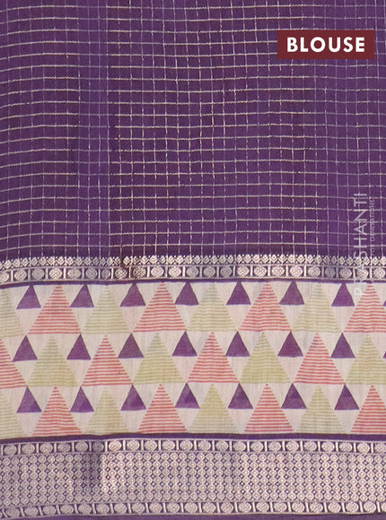 Assam silk saree oarnge and violet shade with allover zari checked pattern and rettapet zari woven geometric printed border