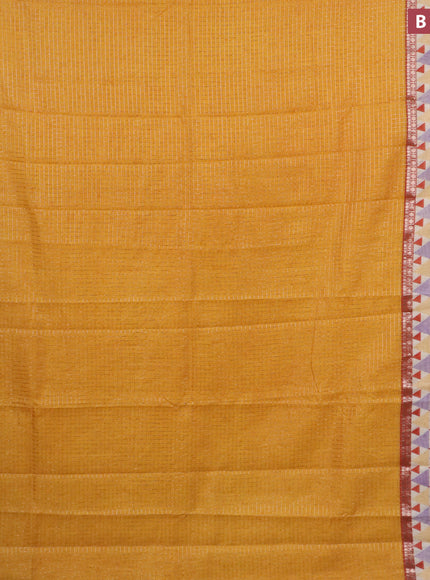 Assam silk saree mango yellow and rust shade with allover zari checked pattern and rettapet zari woven geometric printed border