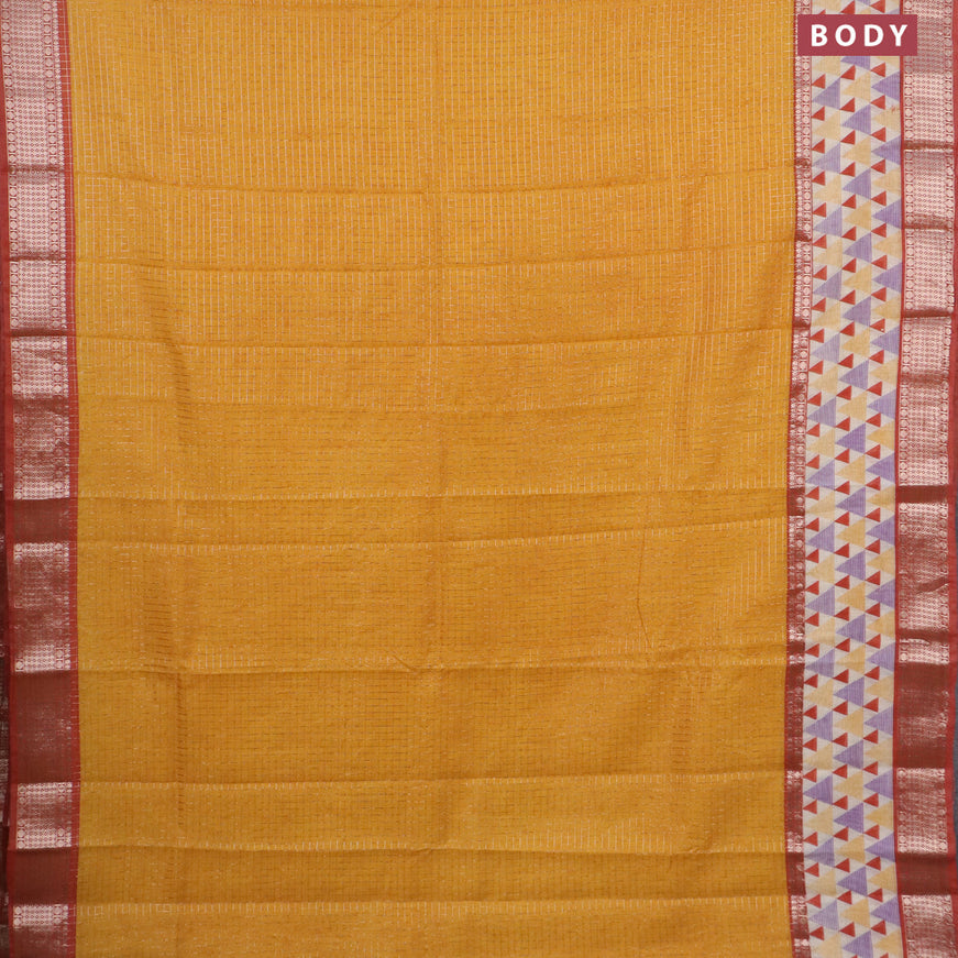 Assam silk saree mango yellow and rust shade with allover zari checked pattern and rettapet zari woven geometric printed border