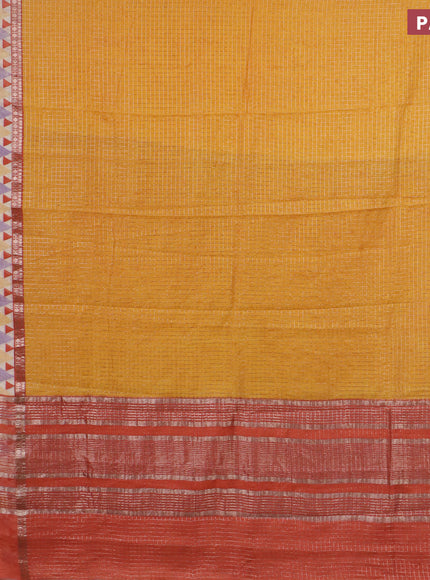 Assam silk saree mango yellow and rust shade with allover zari checked pattern and rettapet zari woven geometric printed border