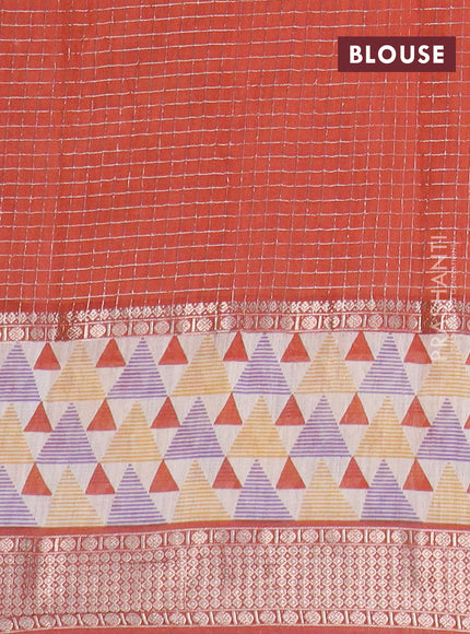 Assam silk saree mango yellow and rust shade with allover zari checked pattern and rettapet zari woven geometric printed border