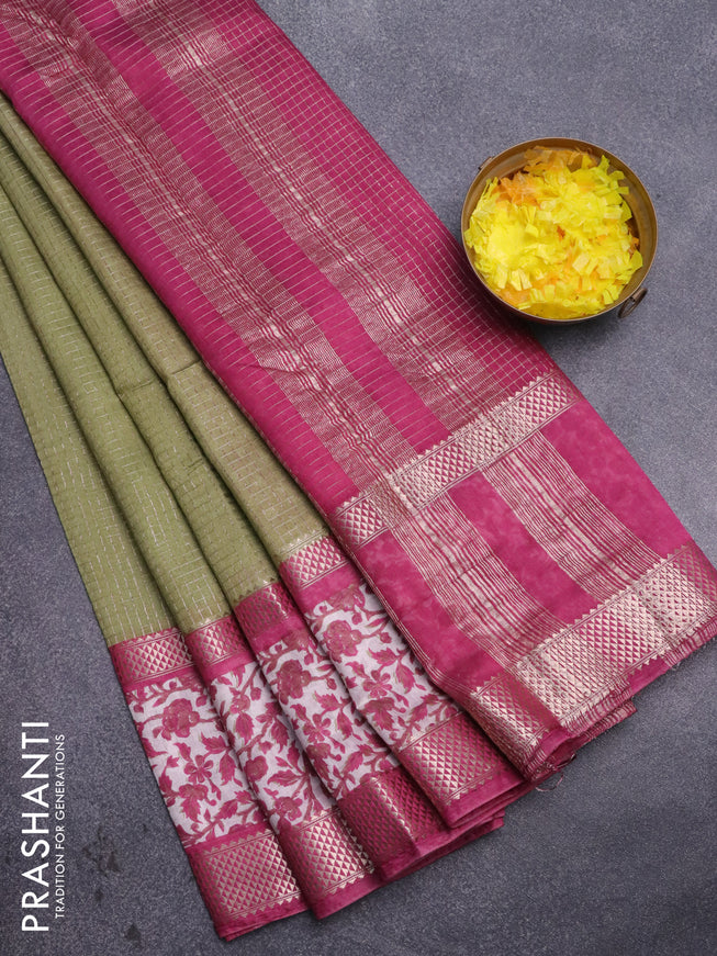 Assam silk saree pastel green and pink with allover zari checked pattern and rettapet zari woven floral printed border