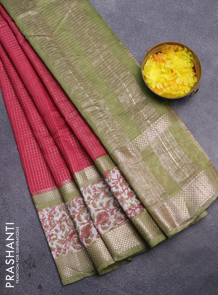 Assam silk saree pink and pastel green shade with allover zari checked pattern and rettapet zari woven floral printed border