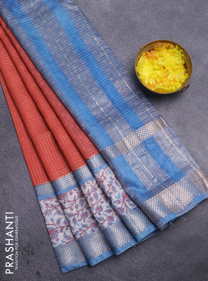 Assam silk saree orange and blue with allover zari checked pattern and rettapet zari woven floral printed border