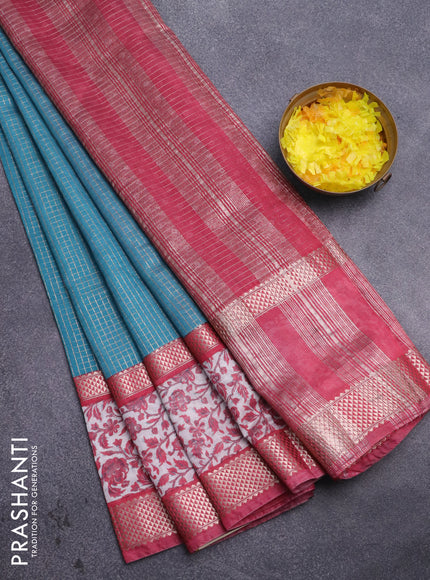 Assam silk saree teal blue and pink shade with allover zari checked pattern and rettapet zari woven floral printed border