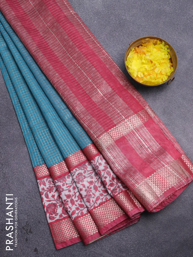 Assam silk saree teal blue and pink shade with allover zari checked pattern and rettapet zari woven floral printed border