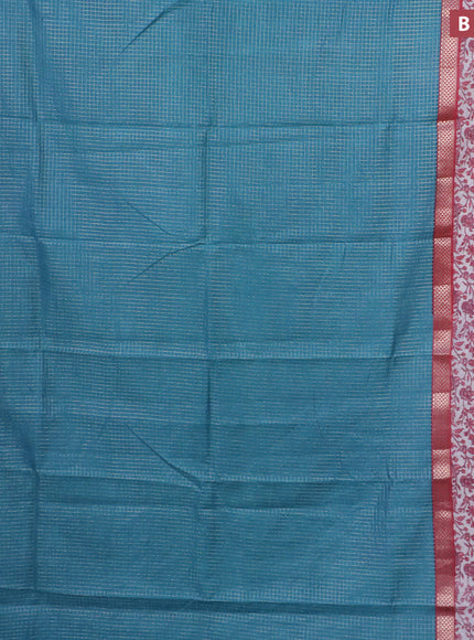 Assam silk saree teal blue and pink shade with allover zari checked pattern and rettapet zari woven floral printed border