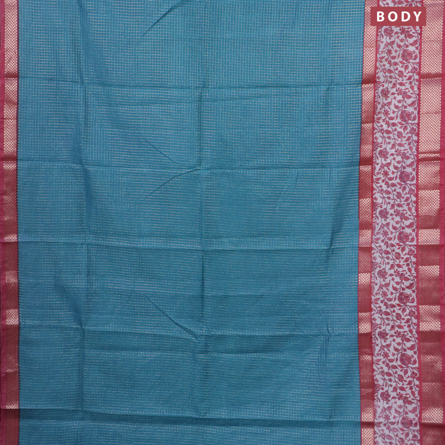 Assam silk saree teal blue and pink shade with allover zari checked pattern and rettapet zari woven floral printed border