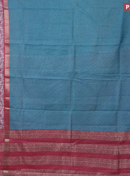 Assam silk saree teal blue and pink shade with allover zari checked pattern and rettapet zari woven floral printed border